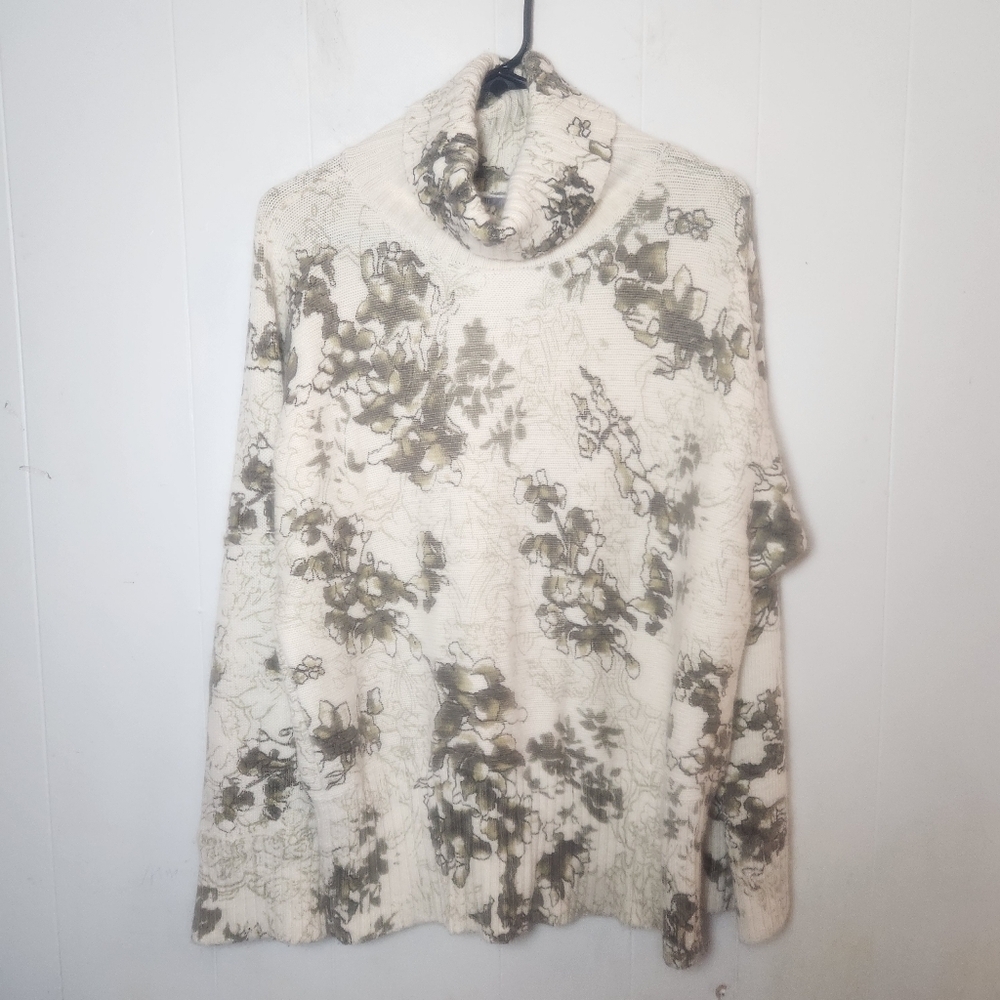 J Jill Ivory Gray Floral Angora Blend Rib Turtleneck Size X Large